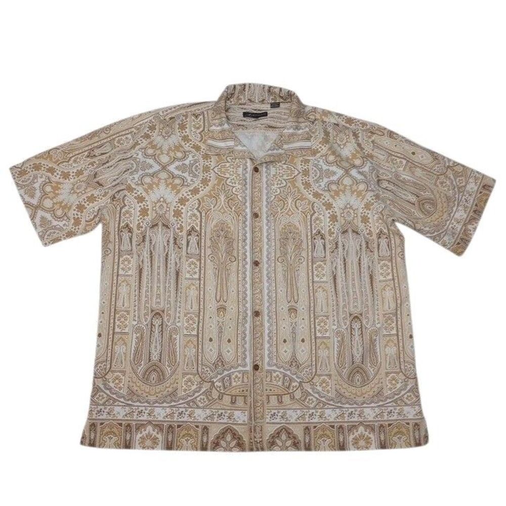 Montique Men's 3XL Shirt Beige All Over Button Up Short Sleeve 100% Polyester